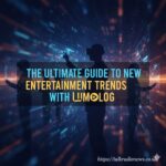 A futuristic graphic showing various entertainment icons like a VR headset, a play button, and a streaming symbol, all glowing with neon light.