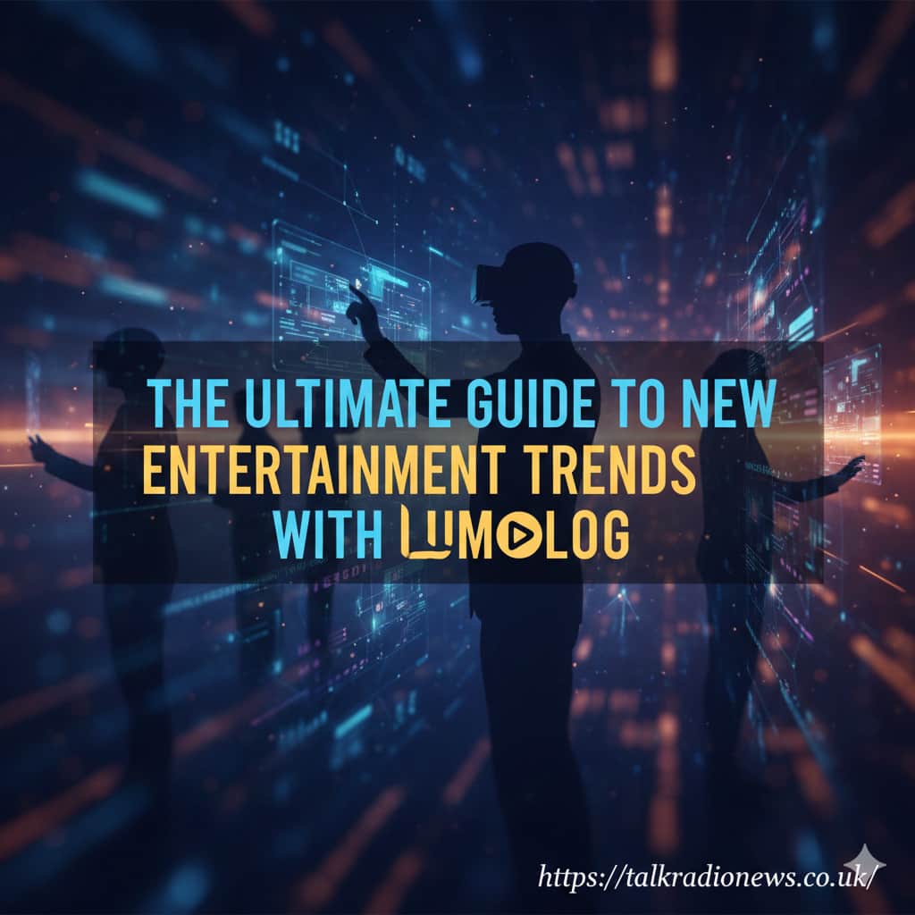 A futuristic graphic showing various entertainment icons like a VR headset, a play button, and a streaming symbol, all glowing with neon light.