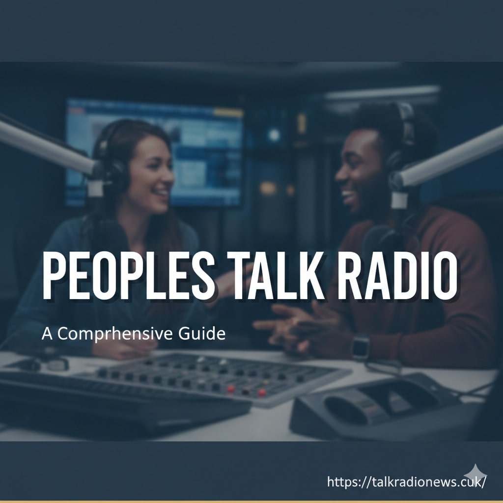 A vintage microphone in a radio studio with a soundboard and headphones in the background, representing a talk radio show.