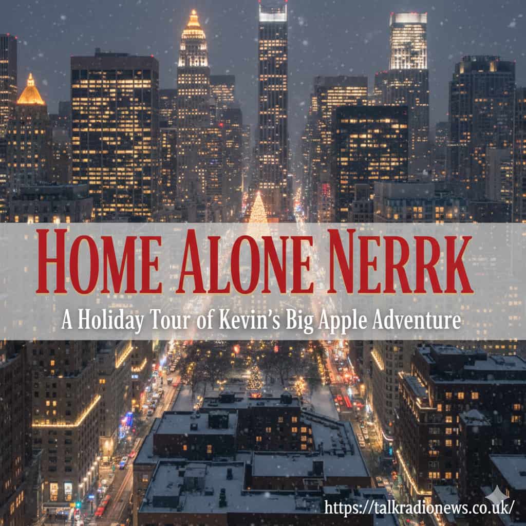 Kevin McCallister smiling in front of the Rockefeller Center Christmas tree in New York City.