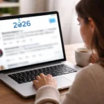 Young woman sitting at a desk using a laptop, viewing Twitter rumors online with “2026” visible on screen, while other content is blurred in the background.