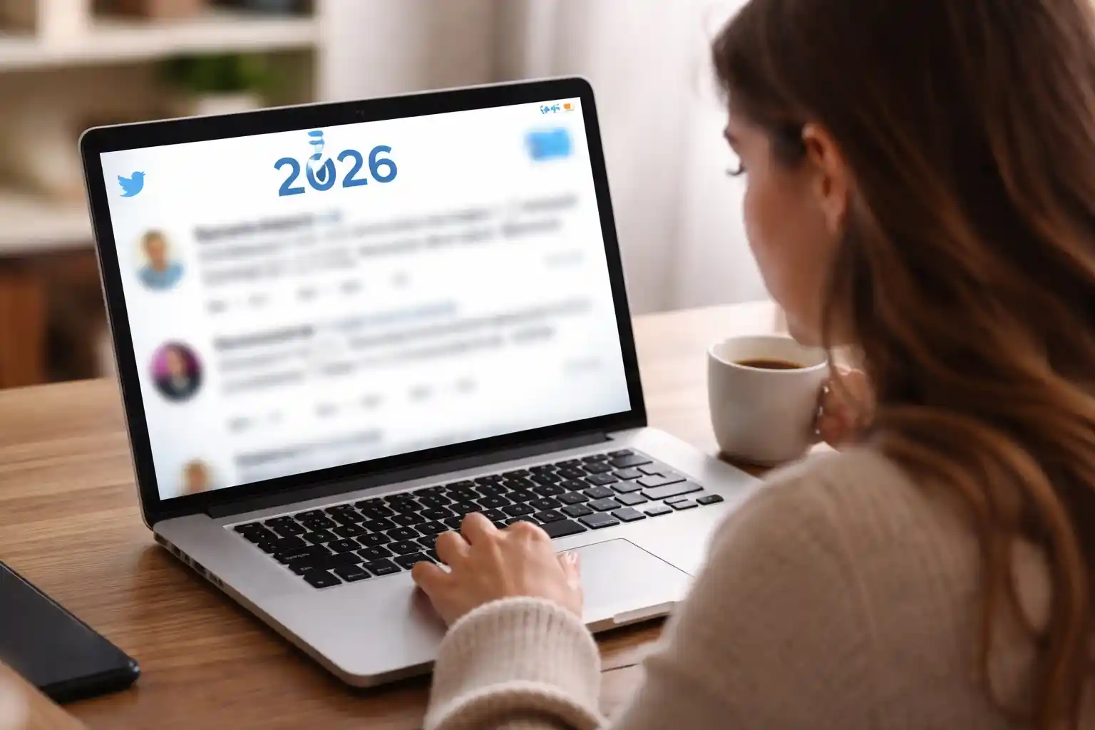 Young woman sitting at a desk using a laptop, viewing Twitter rumors online with “2026” visible on screen, while other content is blurred in the background.