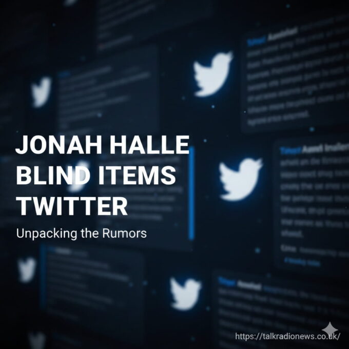 A stylized graphic with a magnifying glass over a Twitter logo and silhouettes of people, with the text "Jonah Halle Blind Items" visible.
