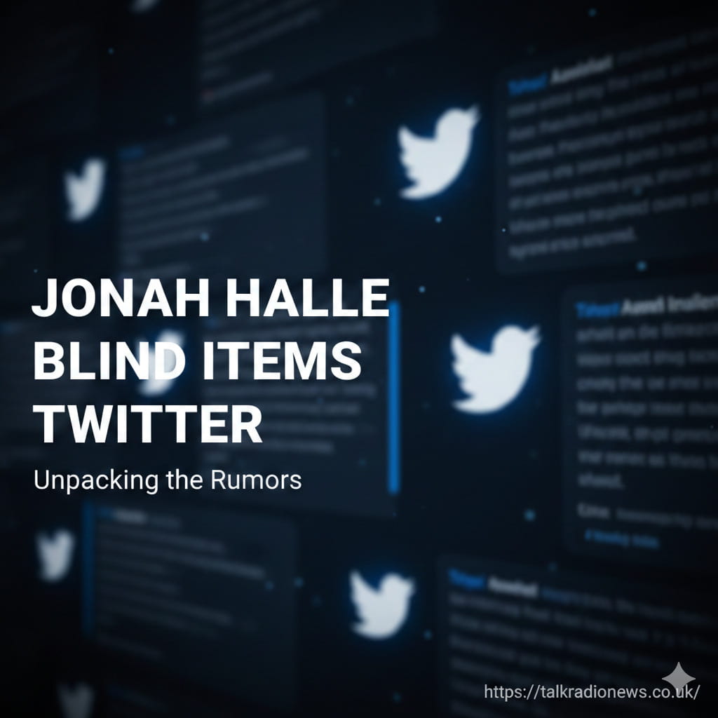 A stylized graphic with a magnifying glass over a Twitter logo and silhouettes of people, with the text "Jonah Halle Blind Items" visible.