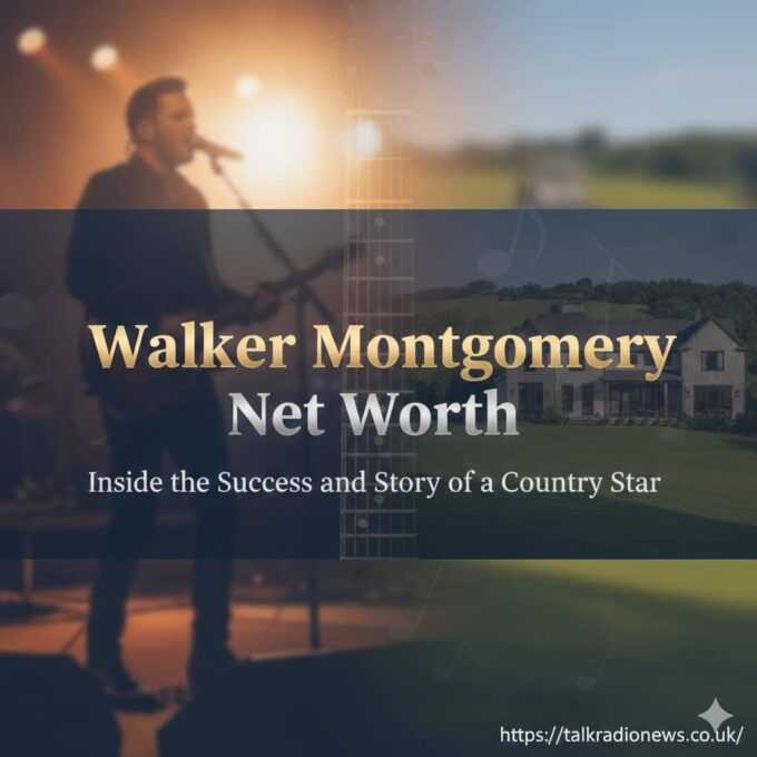 A portrait of country singer Walker Montgomery smiling, holding an acoustic guitar on stage under warm lights.
