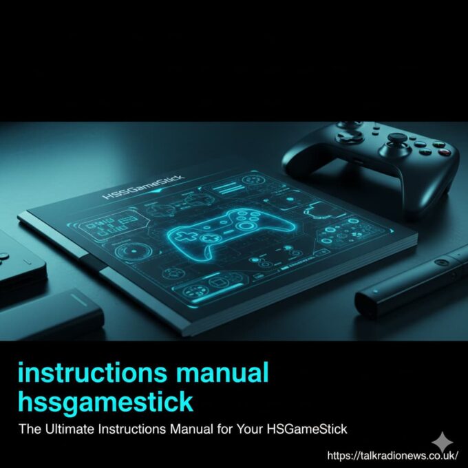 A person's hands holding a wireless retro-style game controller with an HSSGameStick and television in the background.