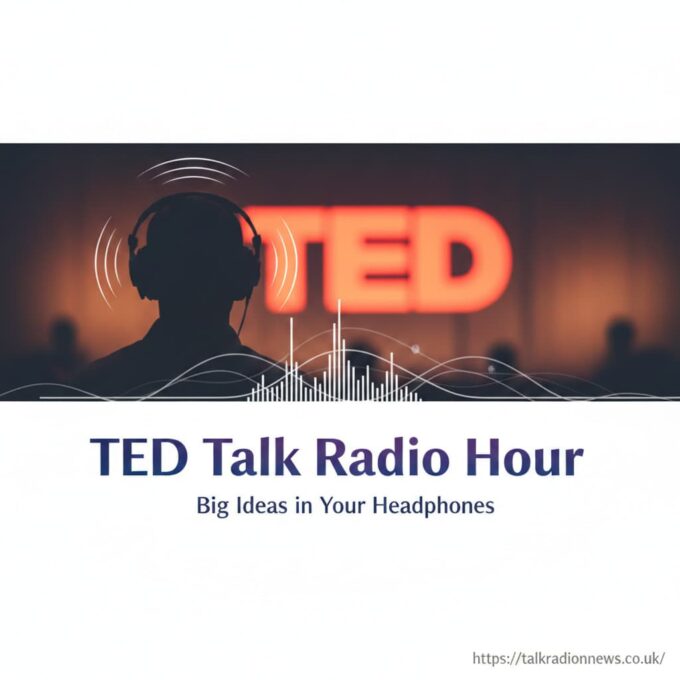 A person wearing headphones, looking thoughtful, with the TED and NPR logos faintly visible in the background.