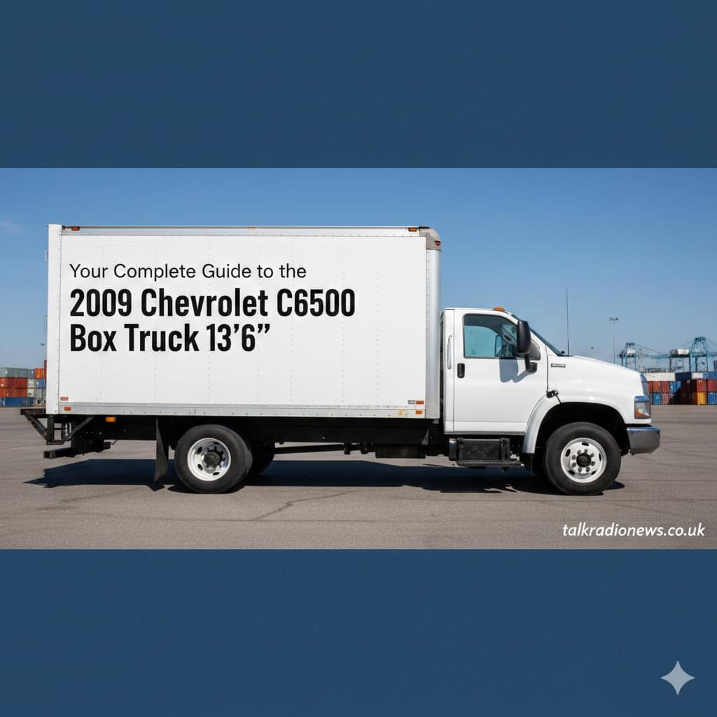 A side profile view of a white 2009 Chevrolet C6500 box truck parked in a commercial lot on a clear day.