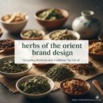 A flat lay of beautifully designed packaging for oriental herb products, featuring earthy colors, botanical illustrations, and elegant typography on a clean background