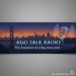 A vintage microphone in a radio studio with the KGO 810 logo in the background.