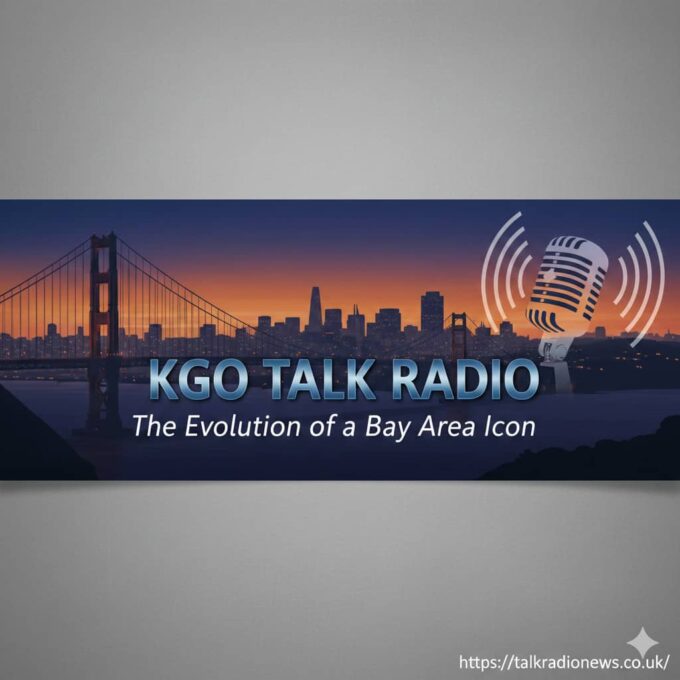 A vintage microphone in a radio studio with the KGO 810 logo in the background.