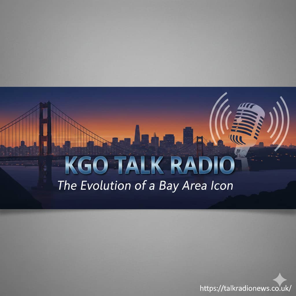 A vintage microphone in a radio studio with the KGO 810 logo in the background.