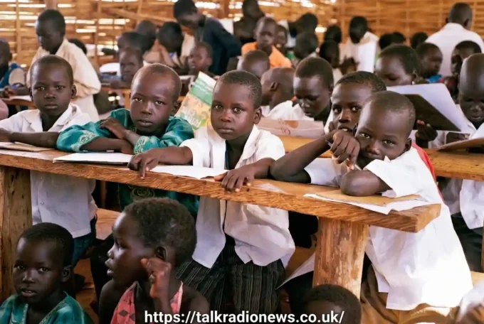 Children studying in classrooms in Kenya and Sudan, showing education access differences