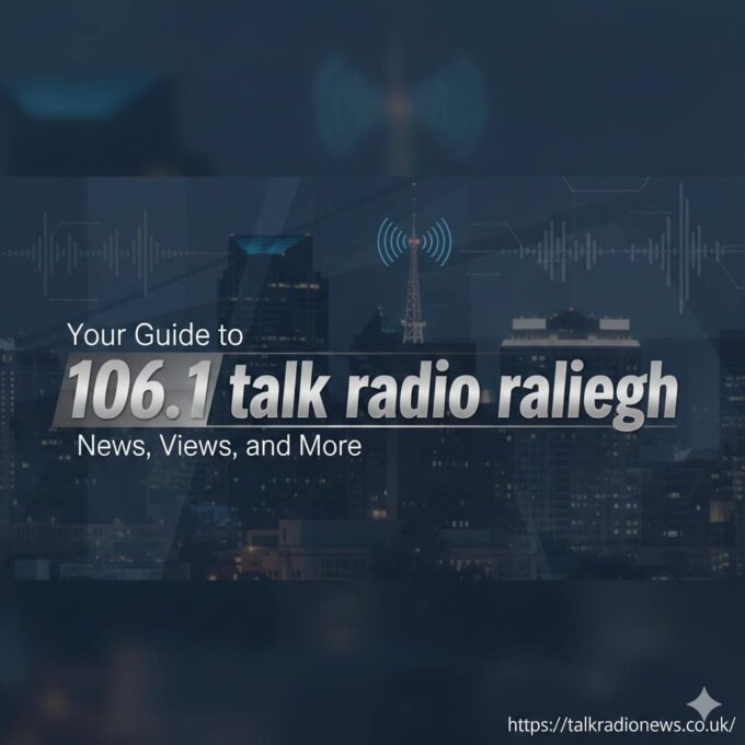 A radio microphone in a studio with the text "106.1 Talk Radio Raleigh" overlaid.