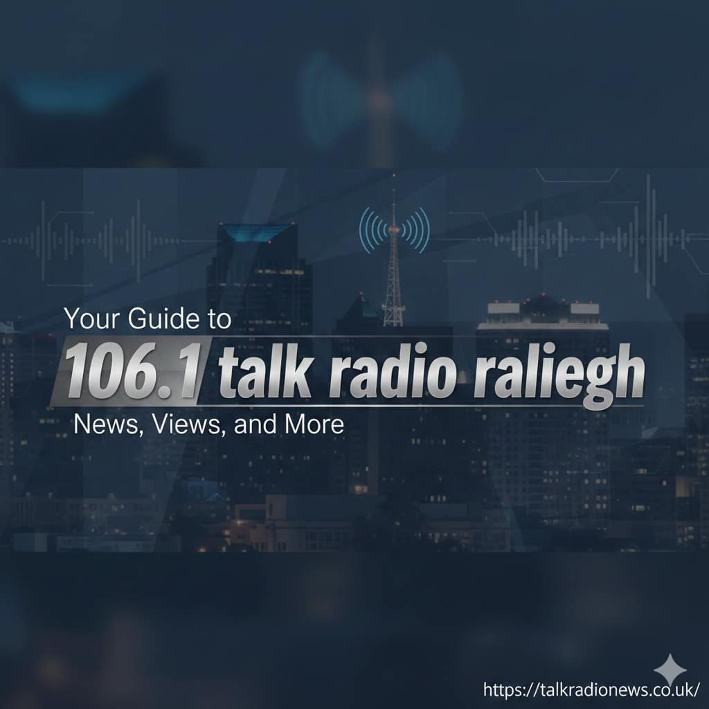 A radio microphone in a studio with the text "106.1 Talk Radio Raleigh" overlaid.