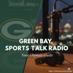 A microphone in a radio studio with a green and gold football helmet blurred in the background, representing Green Bay sports talk radio.
