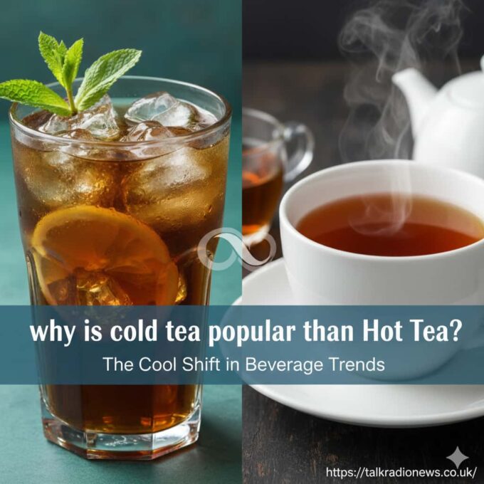 A refreshing glass of iced tea with lemon slices and mint leaves next to a steaming mug of hot tea.