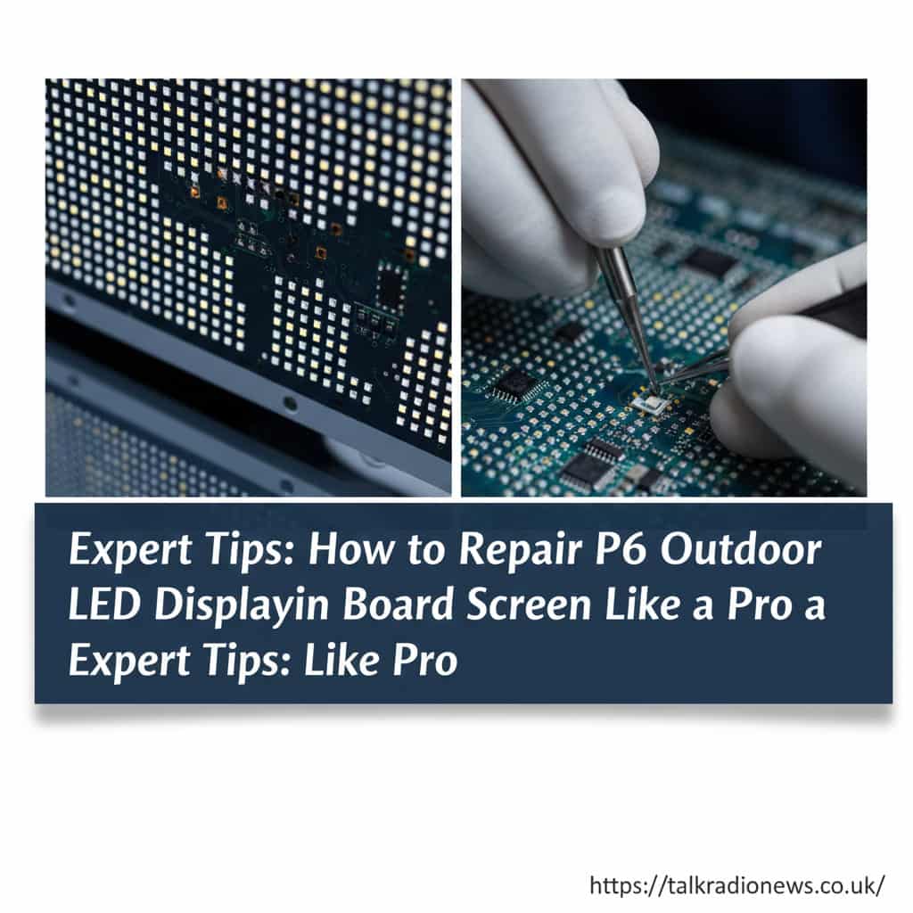 Technician using a screwdriver to fix a P6 outdoor LED display module on a sunny day.