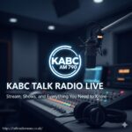 A person using a smartphone app to stream KABC talk radio live while wearing headphones.