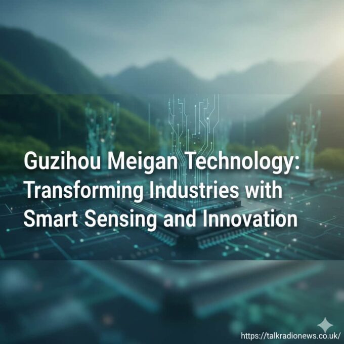 Illustration of futuristic sensors and data nodes representing Guizhou Meigan Technology connecting a smart city.