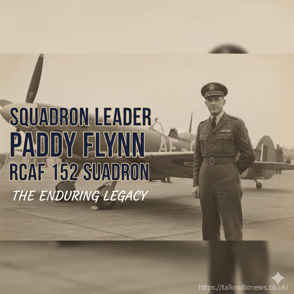 A black and white photo of a World War II-era Supermarine Spitfire aircraft in flight, representing the service of Squadron Leader Paddy Flynn.