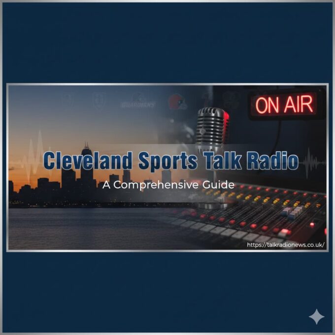 A collage of microphones, headphones, and logos for Cleveland sports teams, representing the world of sports talk radio.