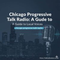 A radio microphone in a studio with a blurred view of the Chicago skyline in the background.