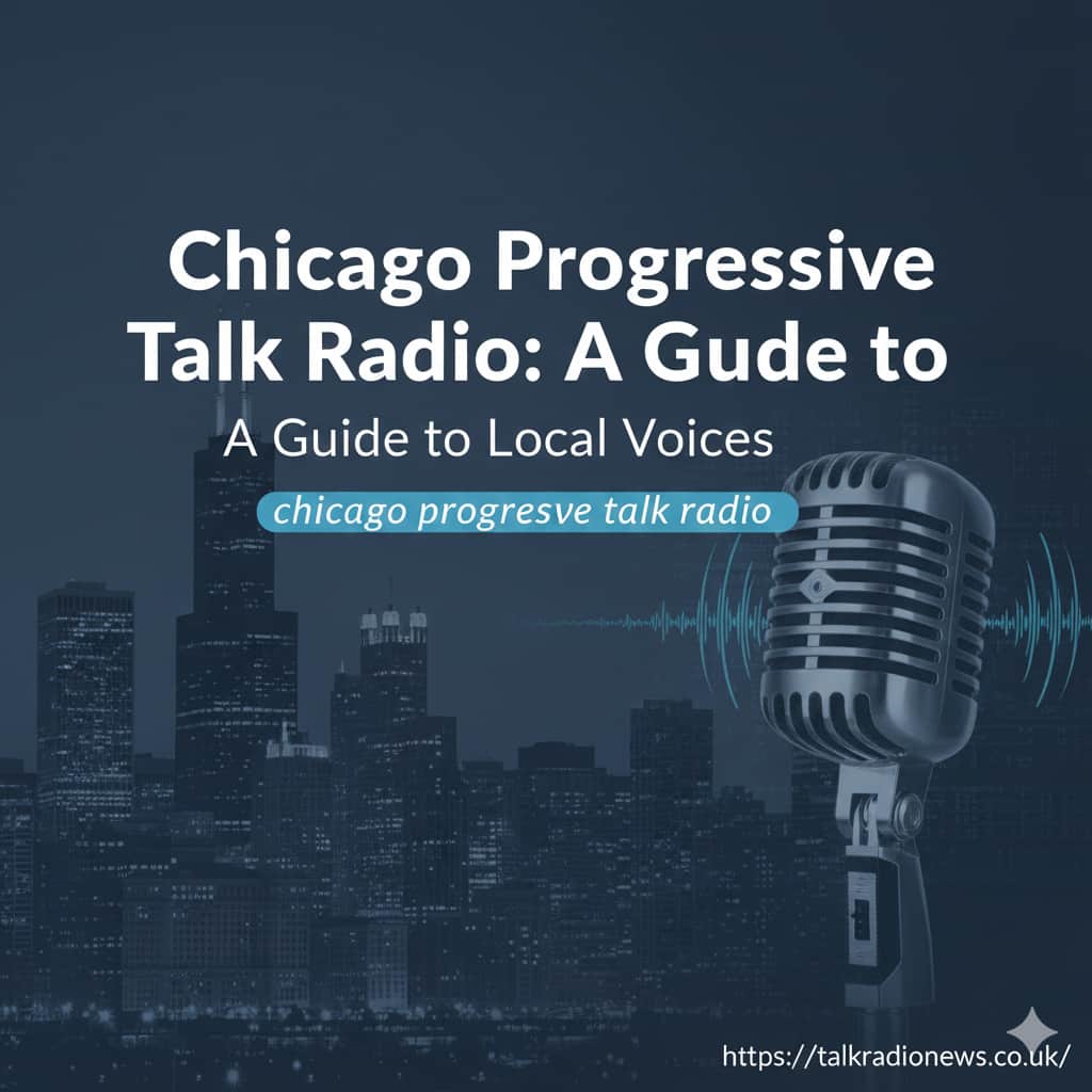 A radio microphone in a studio with a blurred view of the Chicago skyline in the background.