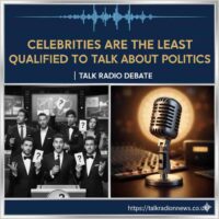 A collage of microphones and celebrity faces on a background representing a political flag, illustrating the theme of stars in politics.