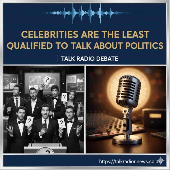 A collage of microphones and celebrity faces on a background representing a political flag, illustrating the theme of stars in politics.