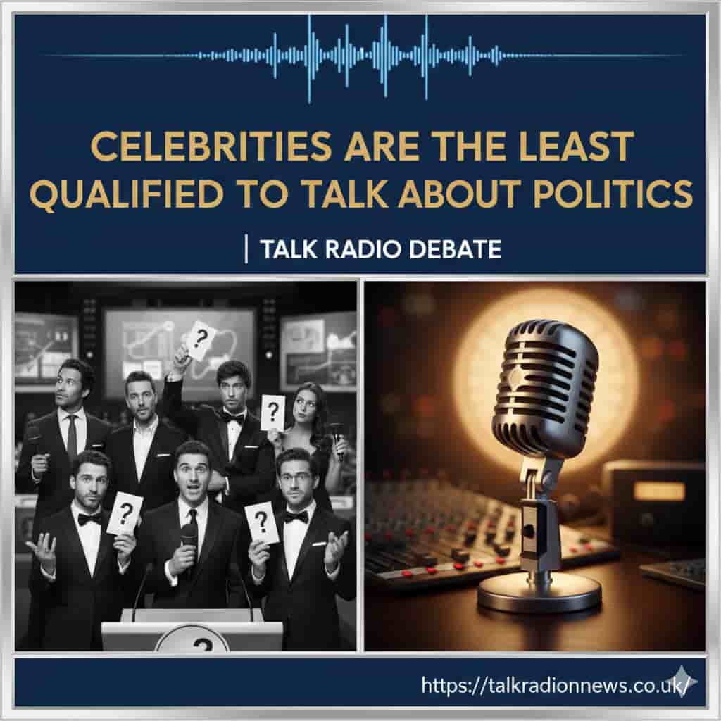 A collage of microphones and celebrity faces on a background representing a political flag, illustrating the theme of stars in politics.