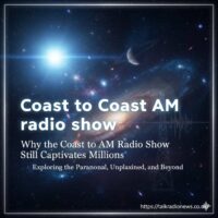  A vintage radio dial glowing in the dark tuned to the Coast to Coast AM radio show frequency.