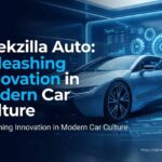 A futuristic electric car dashboard displaying advanced navigation and entertainment apps representing Geekzilla Auto culture.