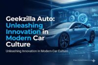A futuristic electric car dashboard displaying advanced navigation and entertainment apps representing Geekzilla Auto culture.