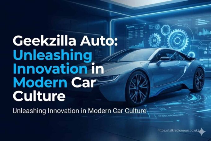 A futuristic electric car dashboard displaying advanced navigation and entertainment apps representing Geekzilla Auto culture.