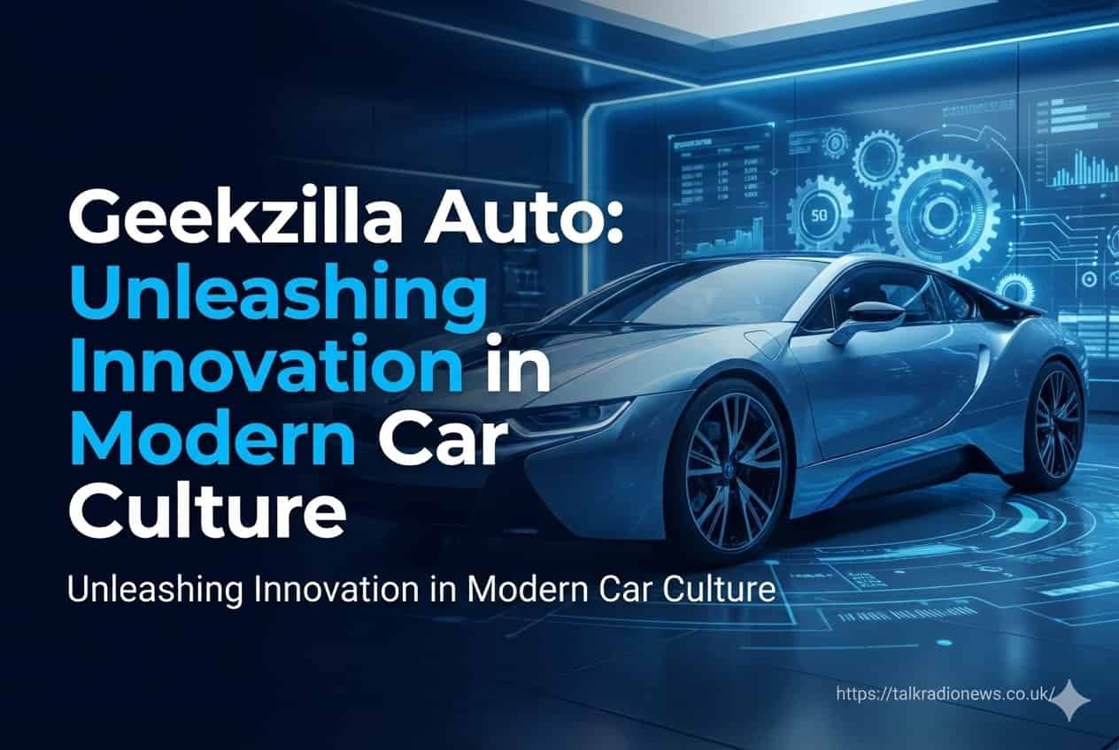 A futuristic electric car dashboard displaying advanced navigation and entertainment apps representing Geekzilla Auto culture.