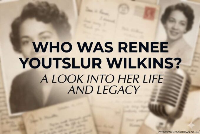 A luminous portrait of Renee Youtslur Wilkins at a podcast microphone, radiating warmth and confidence.