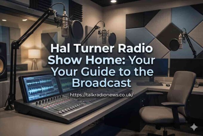 A microphone and headphones on a desk representing the Hal Turner radio show home broadcasting setup.