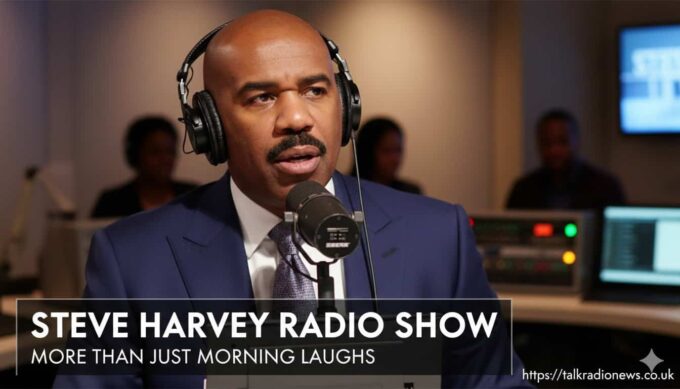 Comedian Steve Harvey smiling and speaking into a studio microphone during a broadcast of his radio show.