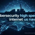 US Navy sailor using a laptop on a ship with satellite equipment in the background representing cybersecurity high speed internet us navy upgrades.