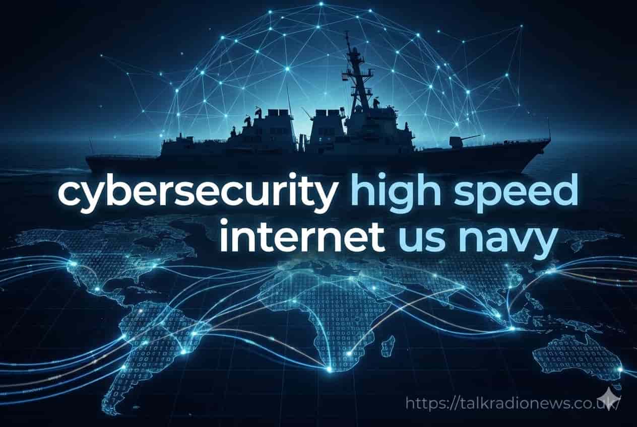 US Navy sailor using a laptop on a ship with satellite equipment in the background representing cybersecurity high speed internet us navy upgrades.