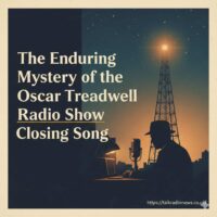  A vintage microphone in a dimly lit radio studio with jazz records in the background.