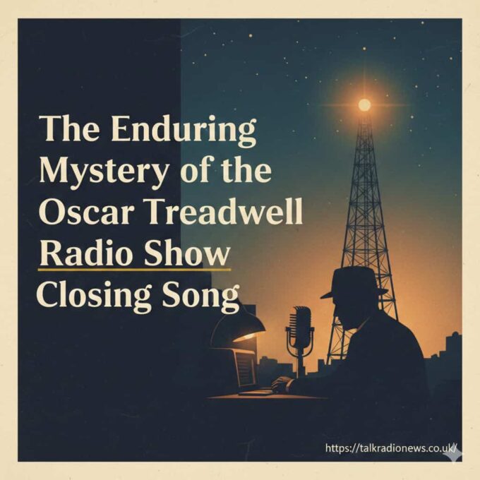  A vintage microphone in a dimly lit radio studio with jazz records in the background.