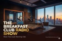 The hosts of The Breakfast Club radio show sitting in their studio, smiling and talking into microphones.