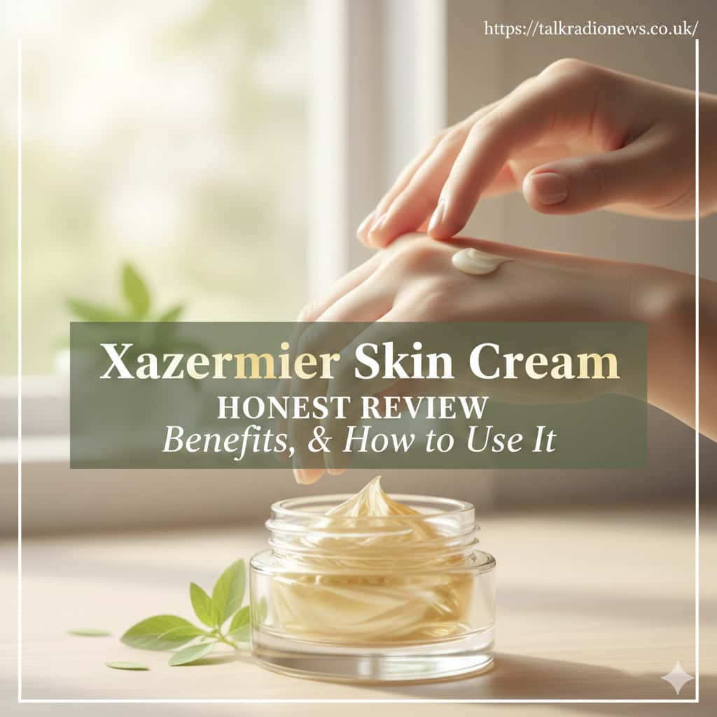 A jar of xazermier skin cream sitting on a bathroom counter next to a towel