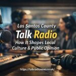 A modern talk radio studio with microphones, soundboard, and hosts engaging in lively discussion, representing Los Santos County talk radio.