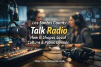A modern talk radio studio with microphones, soundboard, and hosts engaging in lively discussion, representing Los Santos County talk radio.