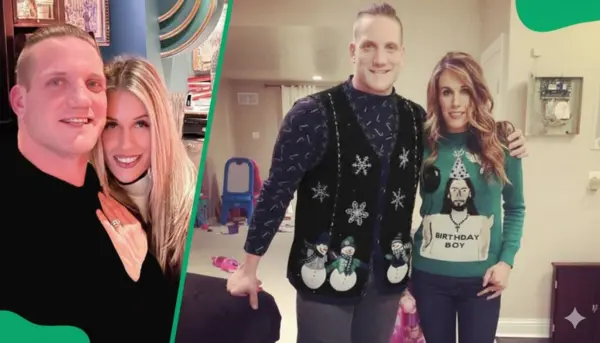 Laura Quinn Hawk and her husband at a festive home gathering