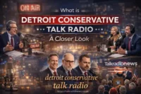 Detroit Conservative Talk Radio hosts and studio setup, highlighting news, discussions, and Talkradionews.co.uk
