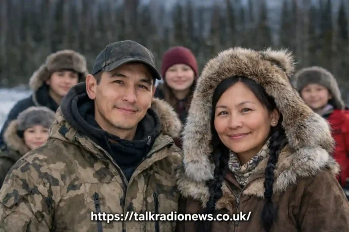 Ricko DeWilde and his partner Rona Vent with their children in the Alaskan wilderness, showcasing their family life and traditional subsistence lifestyle.